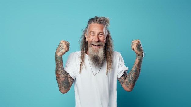 Hombre con brazos de barba en rastas de tatuajes con maqueta de camiseta blanca con fondo azul