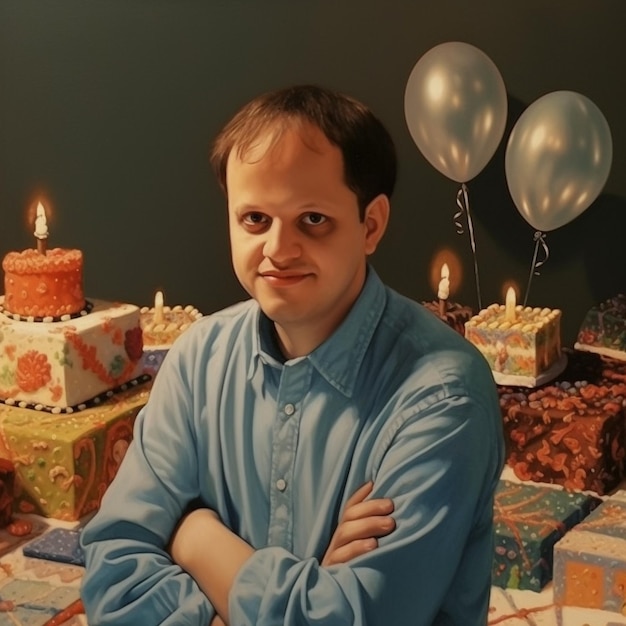 un hombre con los brazos cruzados frente a una tarta de cumpleaños.