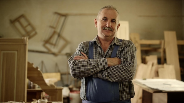 Un hombre con los brazos cruzados parado frente a una mesa de madera con otros artículos.