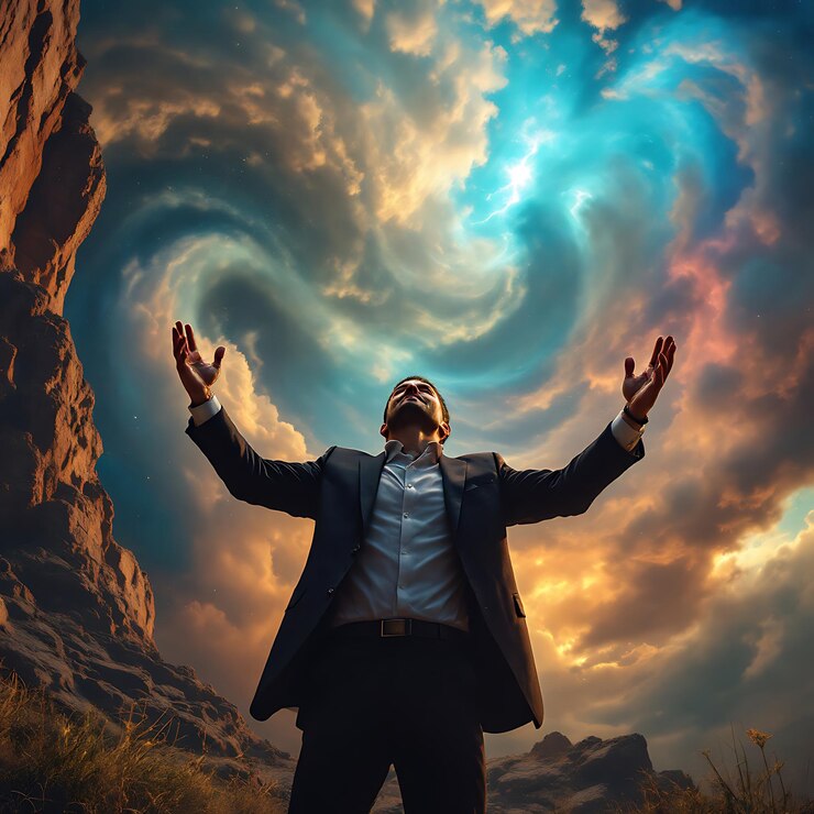Foto un hombre con los brazos levantados frente a un cielo colorido con una galaxia en el fondo