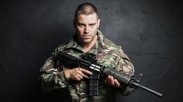 Foto hombre brutal con el uniforme militar camuflado sosteniendo un rifle de asalto