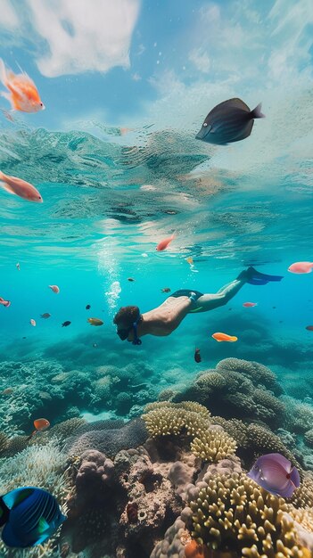 Hombre buceando en el agua tropical con coloridos