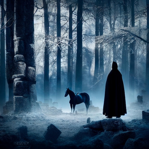 Hombre con caballo en bosque de invierno