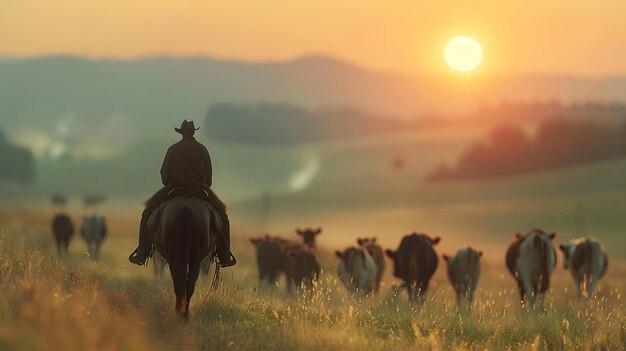 Un hombre a caballo cabalga en un campo con vacas bajo el cielo de la mañana