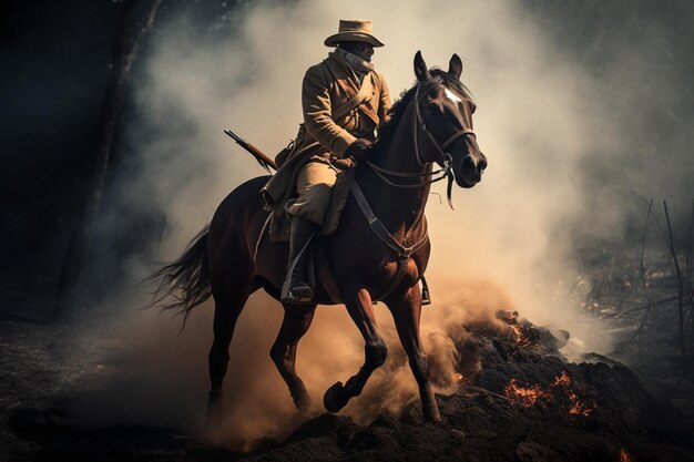 Un hombre a caballo frente a un fuego ardiente.