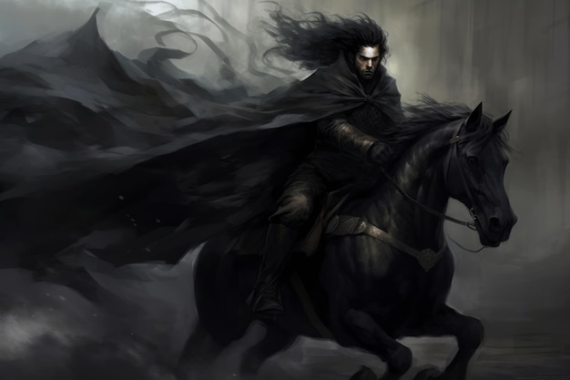 Un hombre a caballo con un largo manto negro sobre su rostro.