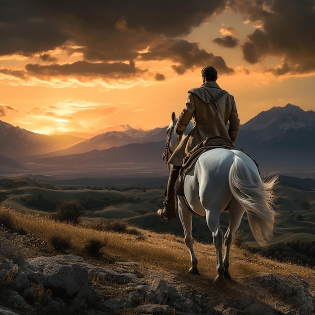 un hombre en un caballo con una montaña en el fondo