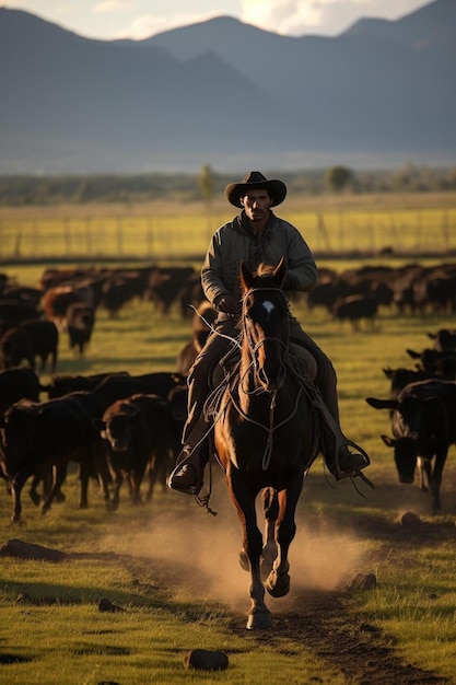 un hombre en un caballo pastoreando ganado en un campo