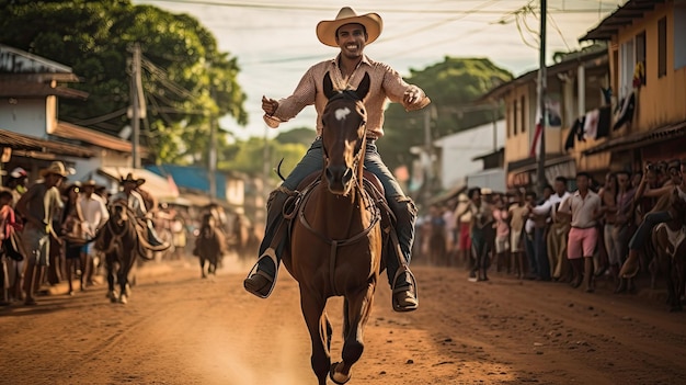 Un hombre a caballo con un sombrero de vaquero.