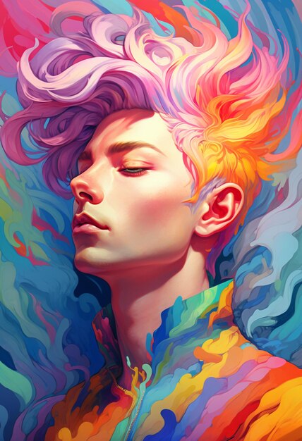 un hombre con un cabello de arco iris sobre su cara en el estilo de Artgerm retrato pensativo Frank Thorn