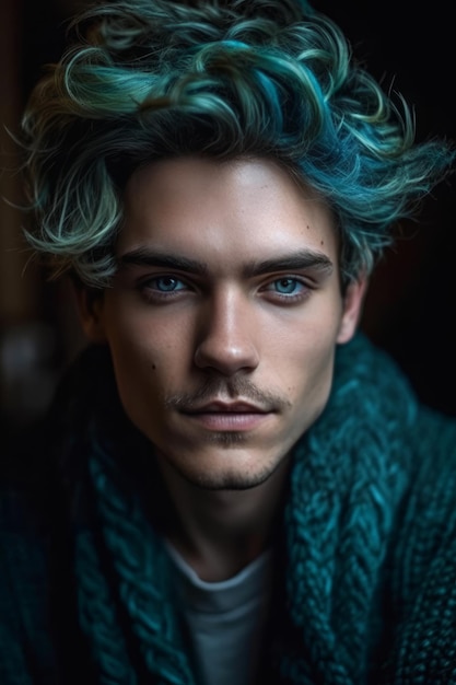 Un hombre con cabello azul y una camisa verde.