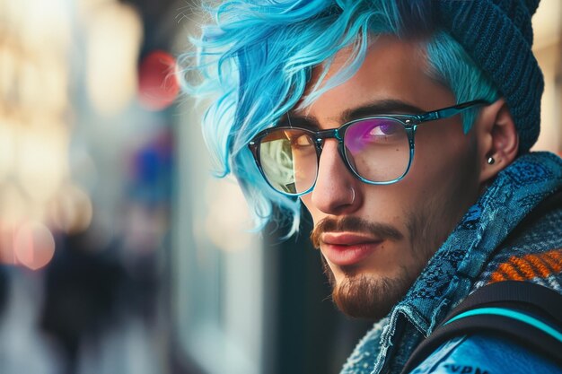 Un hombre con cabello azul y gafas está de pie en una calle