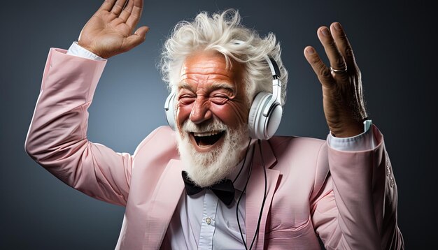 Foto un hombre de cabello blanco con una chaqueta rosa y auriculares