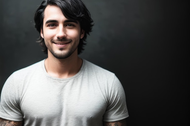 Un hombre con cabello castaño y una chaqueta gris se para frente a un fondo oscuro