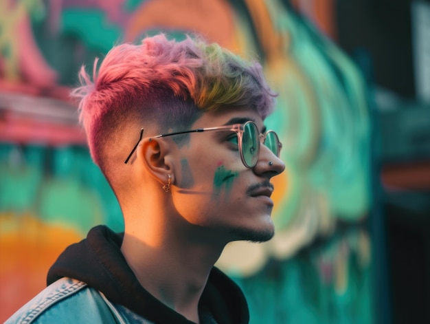 Un hombre con cabello colorido y anteojos parado frente a una pared cubierta de grafitis Imagen generativa de IA