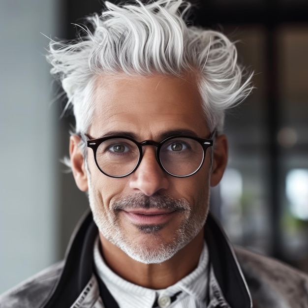 Un hombre con cabello gris y anteojos se para frente a un edificio.