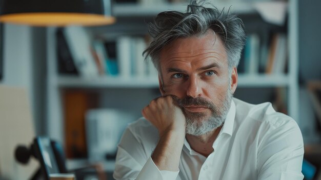 un hombre con cabello gris una barba y una camisa blanca