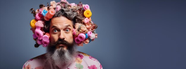 Foto hombre de cabello gris con barba larga rizos de colores en el cabello