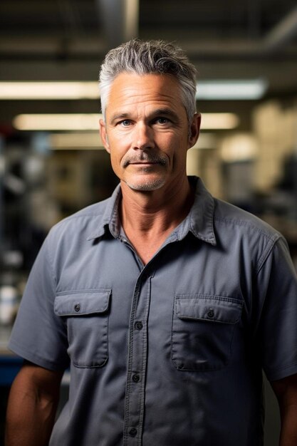 Foto un hombre de cabello gris y una camisa que dice el nombre de la compañía