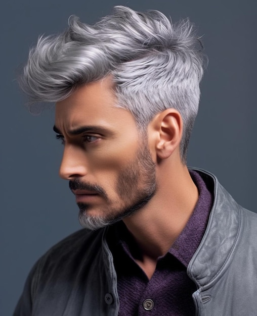 Un hombre con cabello gris y una chaqueta de cuero.