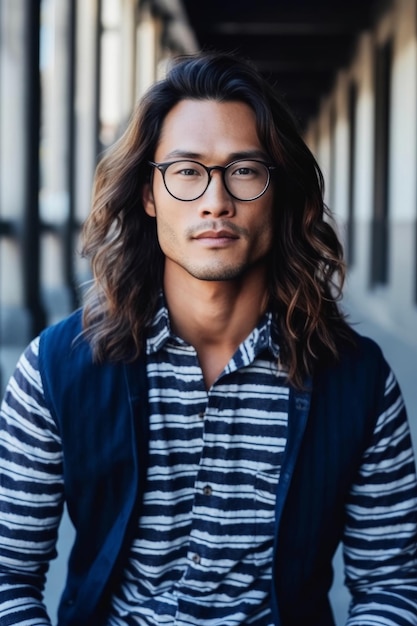 Un hombre con cabello largo y anteojos está sentado en una puerta.