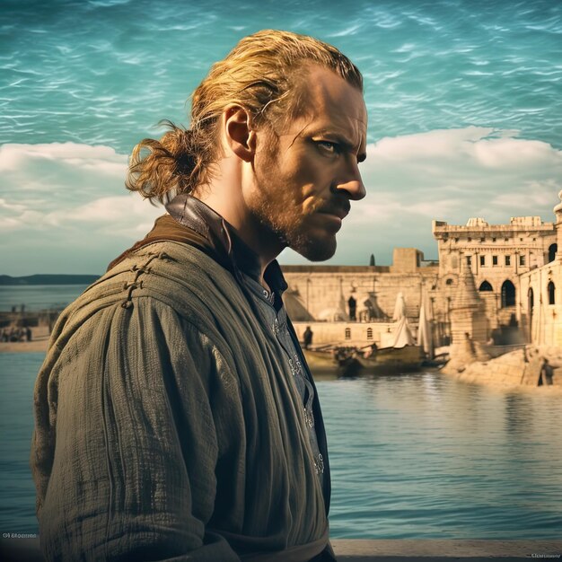 Foto un hombre con cabello largo y barba se para frente a un cuerpo de agua