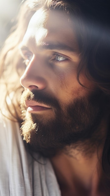 Foto un hombre con cabello largo y barba mirando hacia el lado