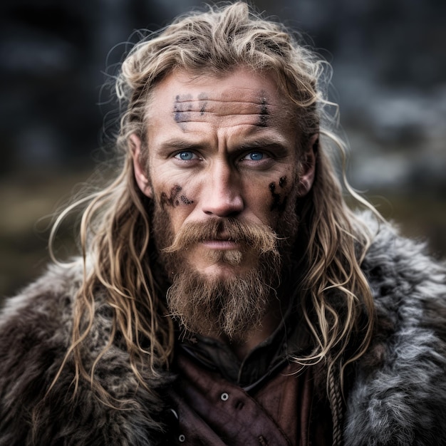 un hombre con cabello largo y barba con ojos azules y un abrigo de piel