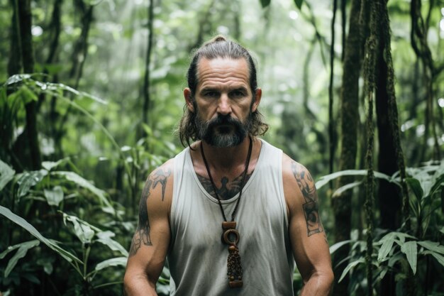 Foto un hombre con cabello largo y barba parado en un bosque ai