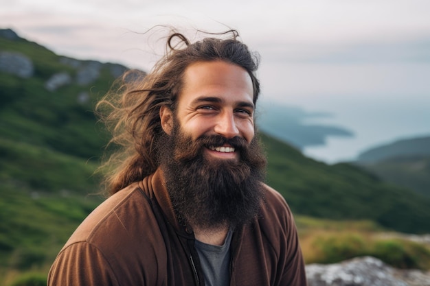 un hombre con cabello largo y barba sonriendo