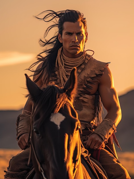 un hombre con cabello largo y un caballo con la palabra indio en él