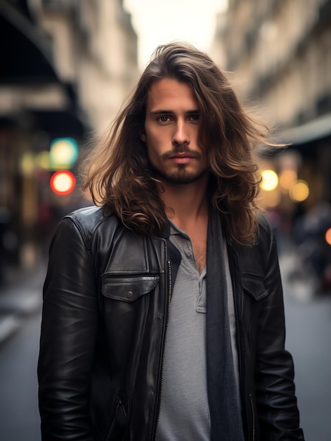 hombre con cabello largo y castaño en una calle de París hombre de viajes con blog de viajes paisajísticos