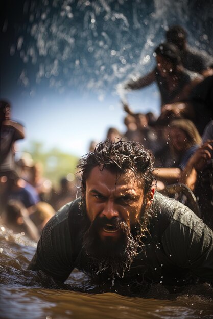 un hombre de cabello largo está salpicando agua en un charco de barro