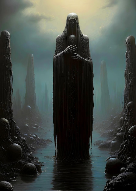 un hombre con el cabello largo y oscuro se encuentra en un paisaje oscuro