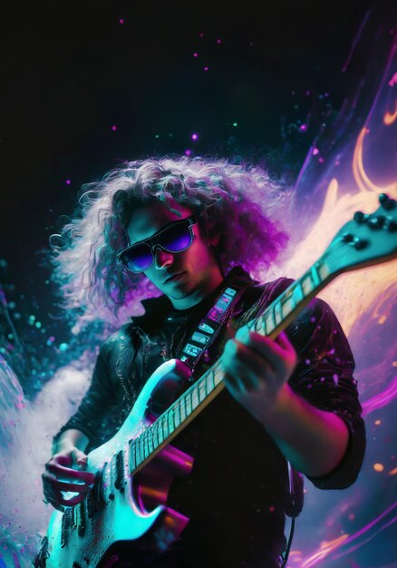 hombre con cabello largo y rizado tocando la guitarra eléctrica con colorido fondo de salpicaduras de luz