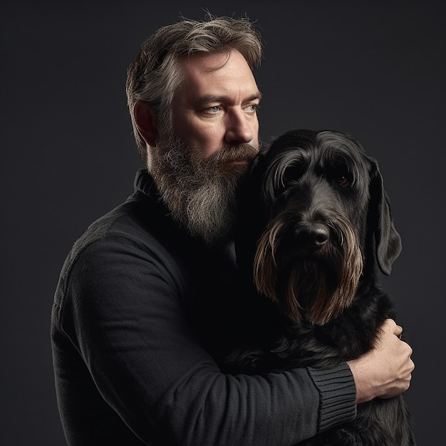 Un hombre con cabello negro y barba larga está sostenido en brazos de un Schnauzer gigante. El dueño y su mascota son similares.