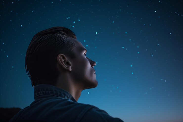 Hombre con el cabello rizado mirando al cielo nocturno