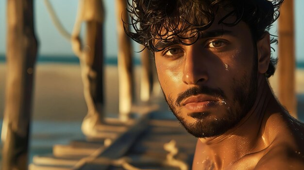 Un hombre con el cabello rizado de pie en la playa