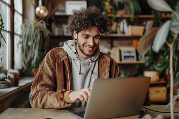 un hombre con el cabello rizado se sienta frente a una computadora portátil