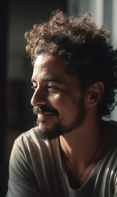 Un hombre con cabello rizado sonríe a la cámara.