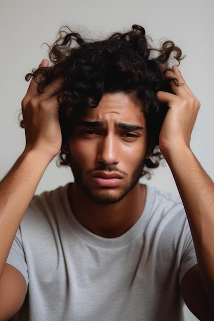 un hombre con cabello rizado sosteniendo su cabeza entre sus manos