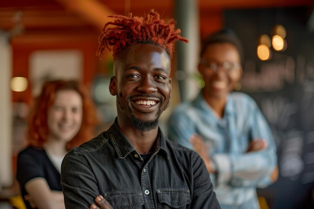 un hombre de cabello rojo y una camisa negra con una sonrisa en la cara