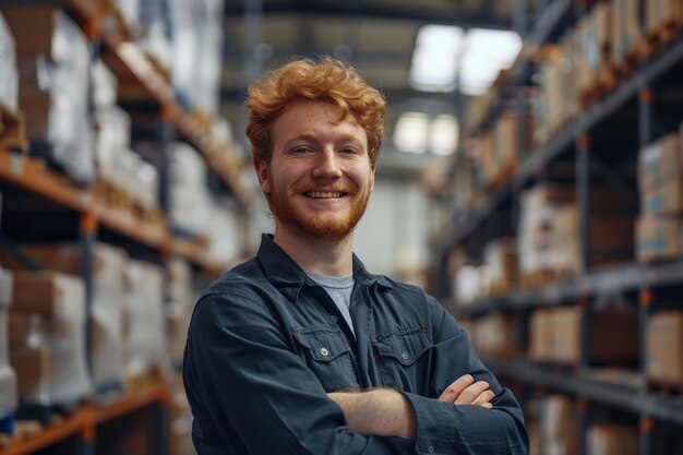 Foto un hombre de cabello rojo está de pie en un almacén con una sonrisa en la cara