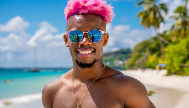 hombre de cabello rosa caminando por una playa tropical