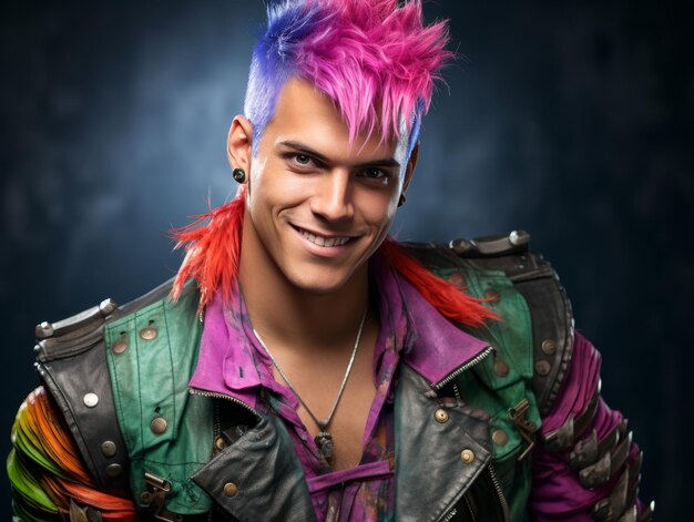 Foto un hombre con cabello rosa y un traje colorido está sonriendo