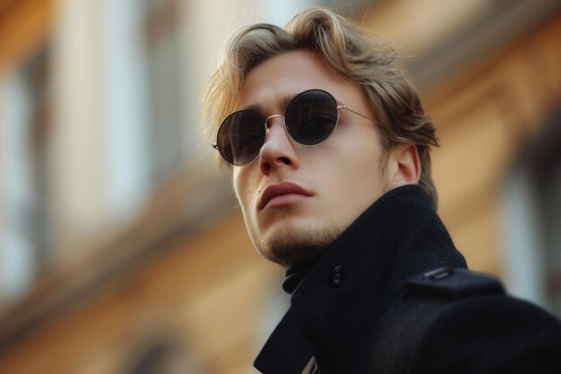 Foto hombre con cabello rubio corto que usa gafas de sol