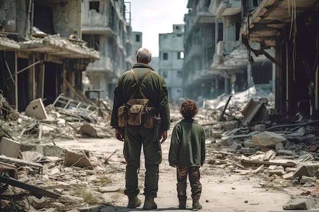 Un hombre de cabellos grises y un niño caminan por las ruinas de una ciudad destruida después de la guerra generada por la IA