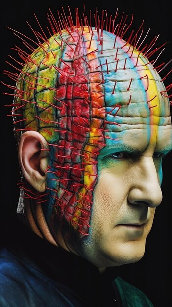 un hombre con una cabeza colorida que tiene la palabra cerebro en él