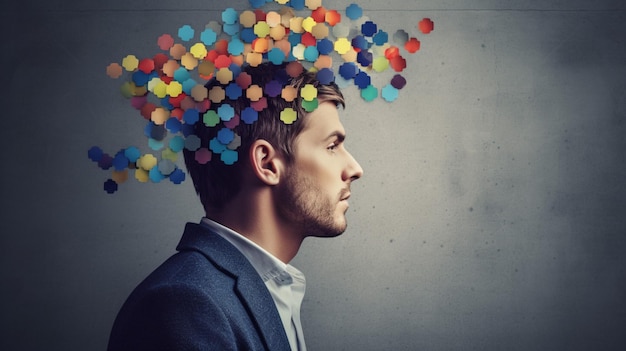 Un hombre con la cabeza llena de círculos de colores en el pelo.