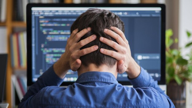 un hombre con la cabeza en las manos está mirando una pantalla de computadora con el código de texto en la pantalla